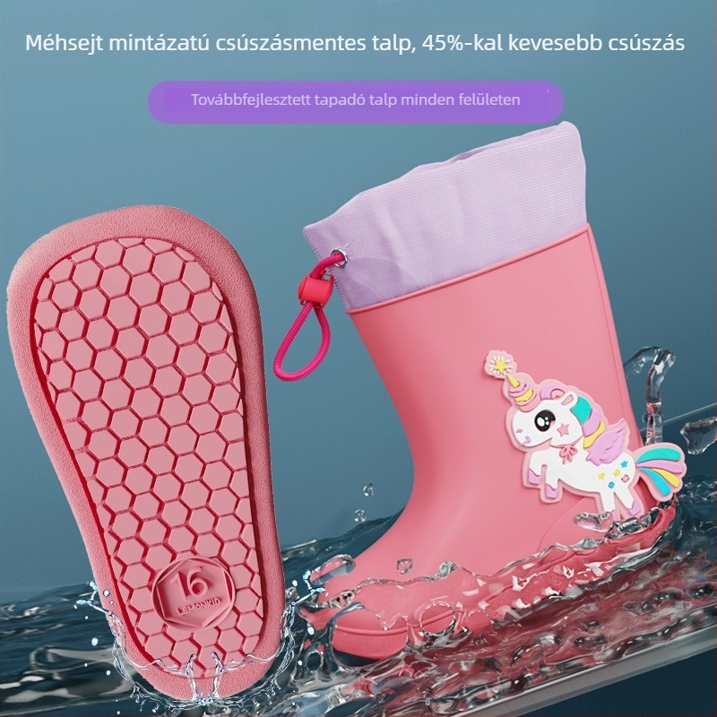 PVC gyerek esőcsizma karikatúra mintával, húzózáras, csúszásmentes talppal, négy évszakos használatra