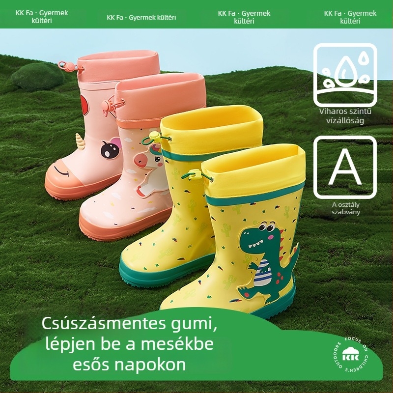 Gyermek esőcsizmák - Kocotree, rajzfilm dinoszaurusz unikornis mintával, lapos sarok, négy évszak, 4-12 éveseknek