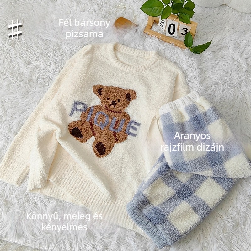 Női pizsama koreai stílusban, 100% pamut, gallér, hosszú ujjú, hosszú nadrág