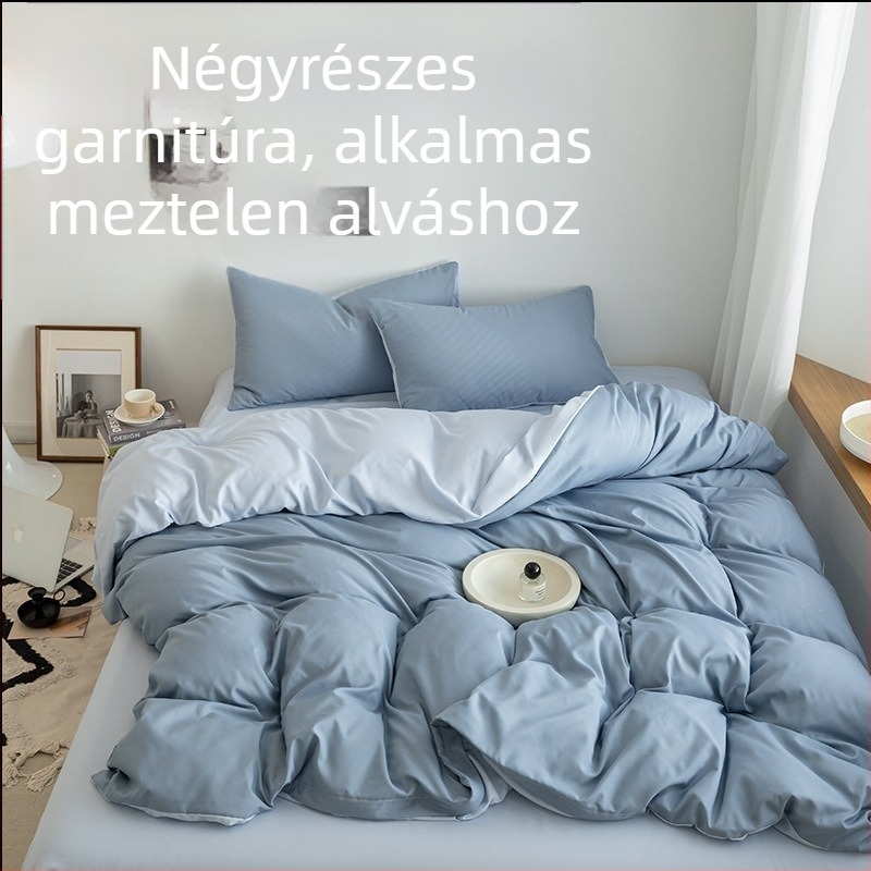 Mosott pamut ágyneműkészlet, bőrbarát felülettel, keverék- és egyszínű panelek, négy részes készlet paplanhuzattal és lepedőkkel, minimalist stílus