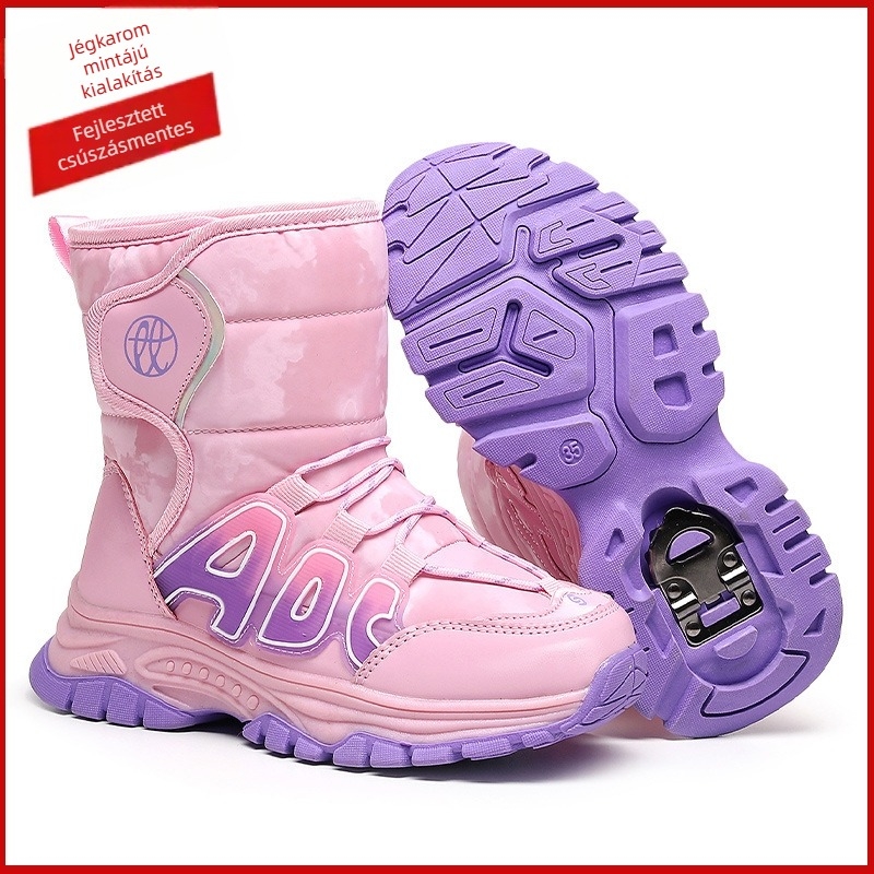 Gyermekek uniszex vízálló téli csizma, anti-slip jégfogóval, fleece bélés, szintetikus bőrfelsőrésszel, 4–16 éveseknek