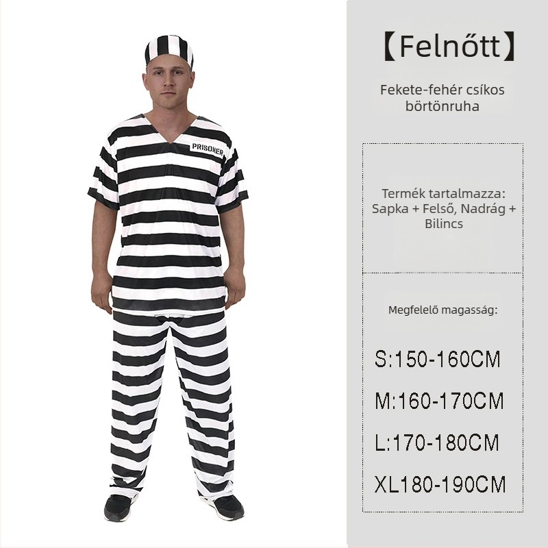 Uniszex Halloween rab jelmez csíkos mintával - poliészter anyag, regenerált cellulóz rostok ≥95%, színpadi viselet/maszkoláshoz, 17 év alattiaknak