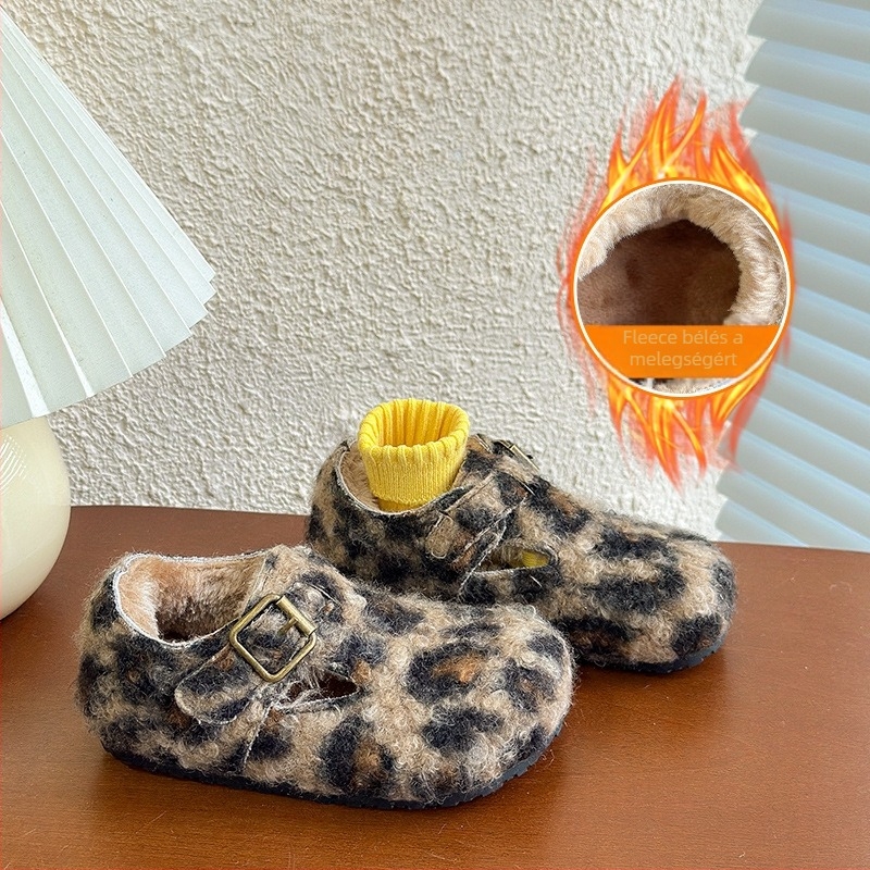 Koreai stílusú gyerek Birkenstock cipő, vastag gyapjú béléssel, téli leopárdmintás gyerekcipő