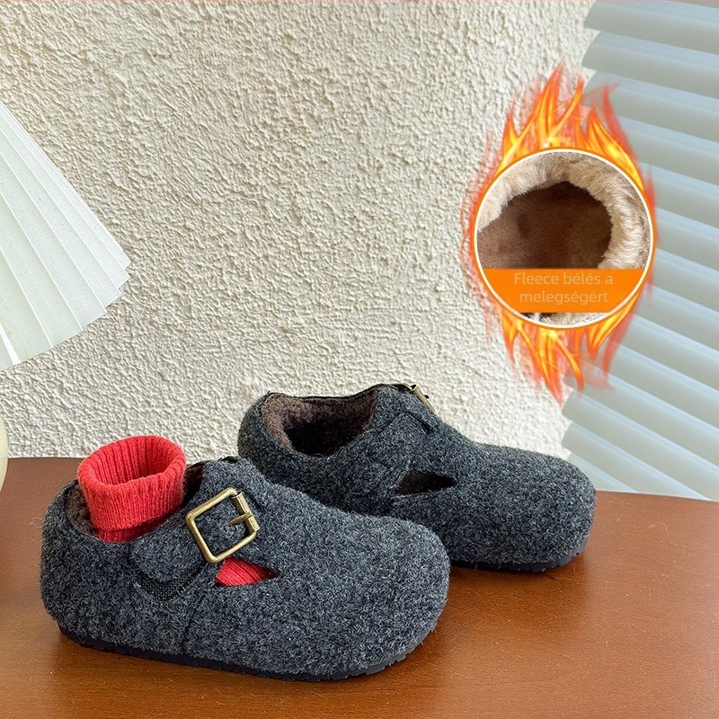 Koreai stílusú gyerek Birkenstock cipő, vastag gyapjú béléssel, téli leopárdmintás gyerekcipő
