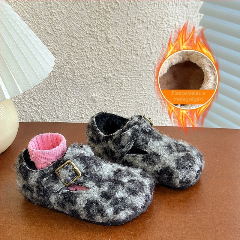 Koreai stílusú gyerek Birkenstock cipő, vastag gyapjú béléssel, téli leopárdmintás gyerekcipő