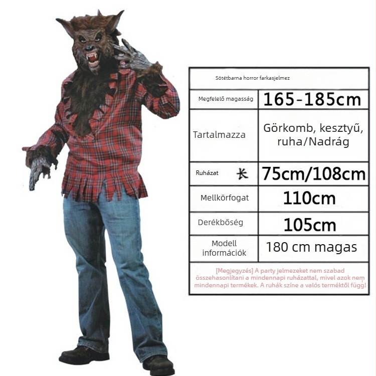Felnőtt cosplay ruházat – uniszex, farkasember/zombie karakter szett színpadi előadásra; anyag: pamutkeverék; fő anyag: poliészter; szezon: 2025 tavasz; korcsoport: 25–29; galléros címke