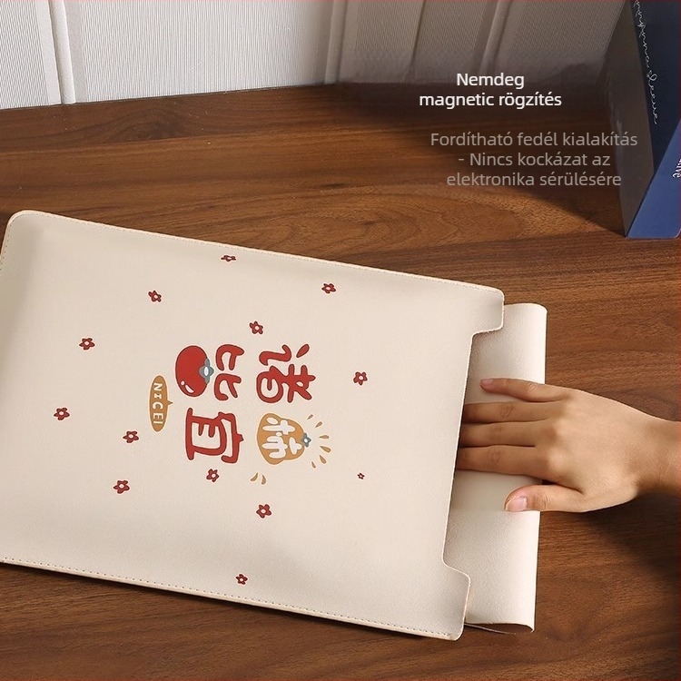 Geustos PU laptop tok — Rajzfilmszerű aranyos stílus, plüss bélés, szövegmintás, vízálló