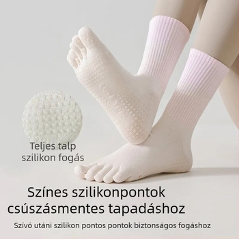 Női ötujjú jóga zokni, középső lábszár hossz, gradiens mintázat, fésült pamut, szilikonos csúszásmentes