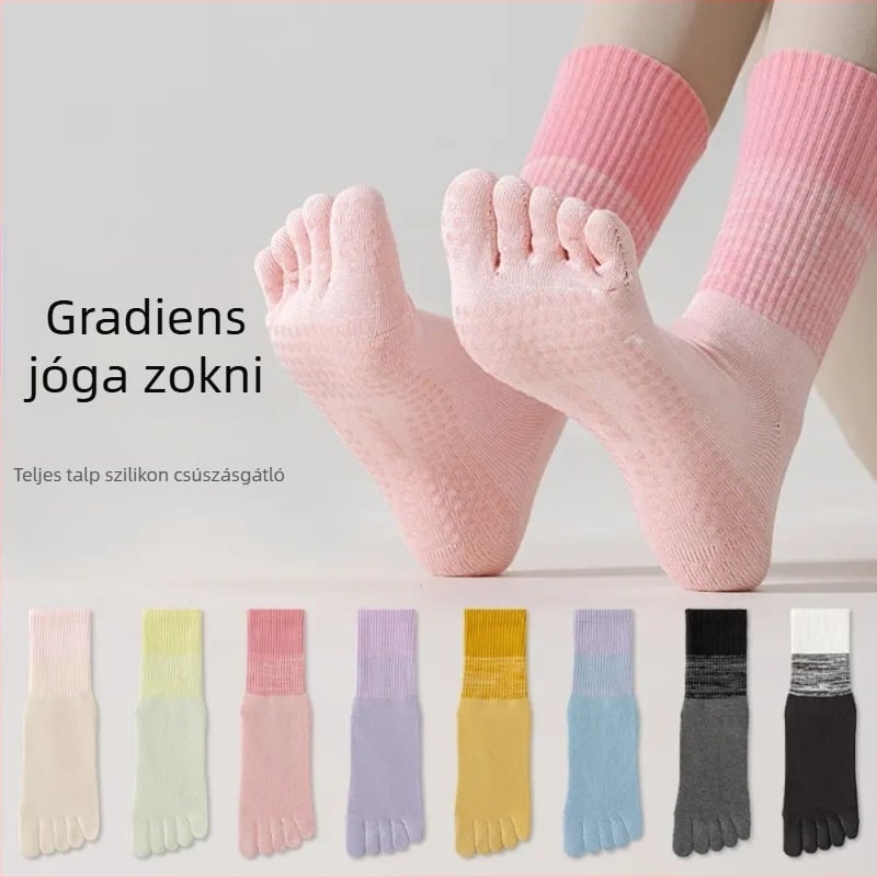 Női ötujjú jóga zokni, középső lábszár hossz, gradiens mintázat, fésült pamut, szilikonos csúszásmentes