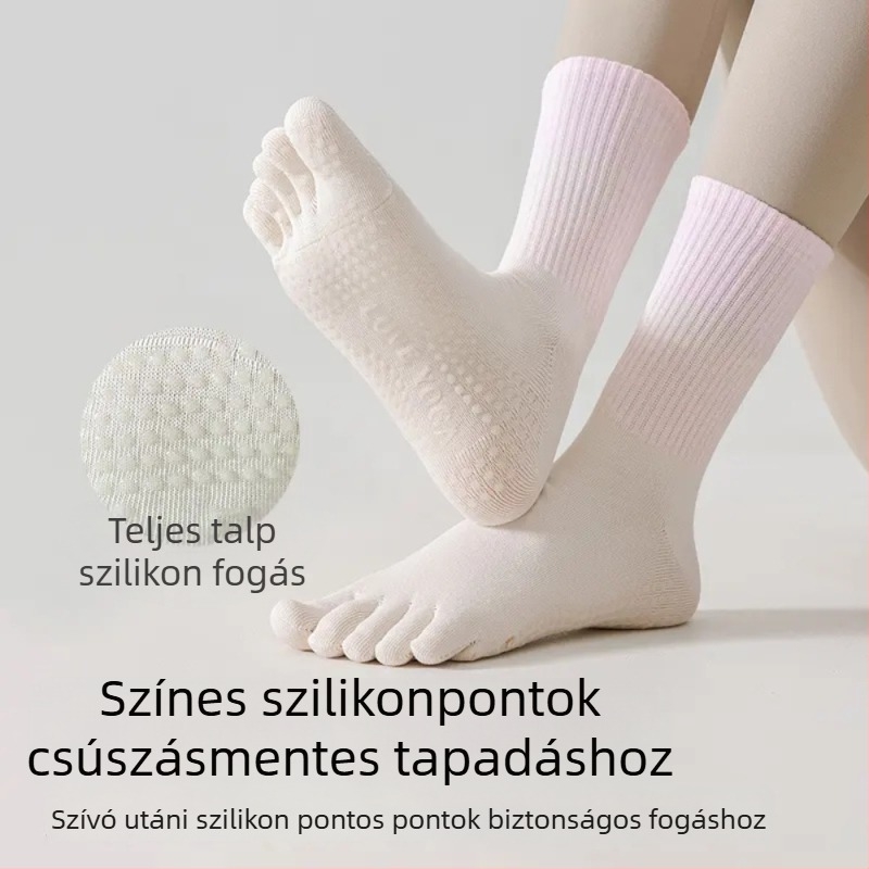 Női ötujjú jóga zokni, középső lábszár hossz, gradiens mintázat, fésült pamut, szilikonos csúszásmentes