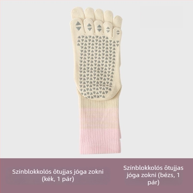Női ötujjú jóga zokni, középső lábszár hossz, gradiens mintázat, fésült pamut, szilikonos csúszásmentes