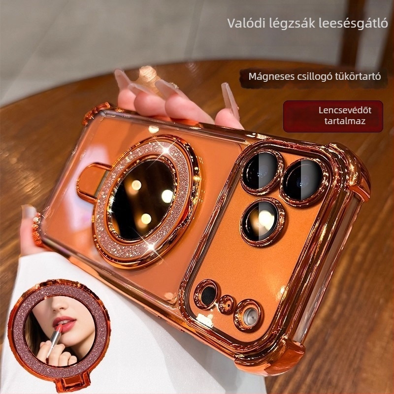 iPhone 17 Pro Max tok elektroplattált átlátszó héjjal, mágneses állvánnyal és négy sarkos ütésvédővel