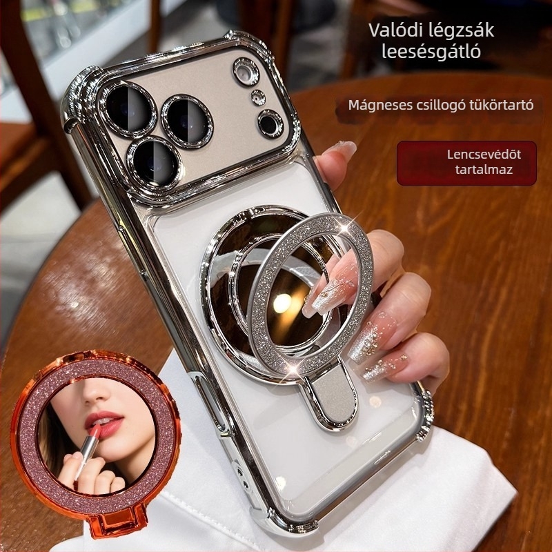 iPhone 17 Pro Max tok elektroplattált átlátszó héjjal, mágneses állvánnyal és négy sarkos ütésvédővel
