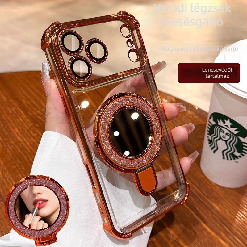 iPhone 17 Pro Max tok elektroplattált átlátszó héjjal, mágneses állvánnyal és négy sarkos ütésvédővel
