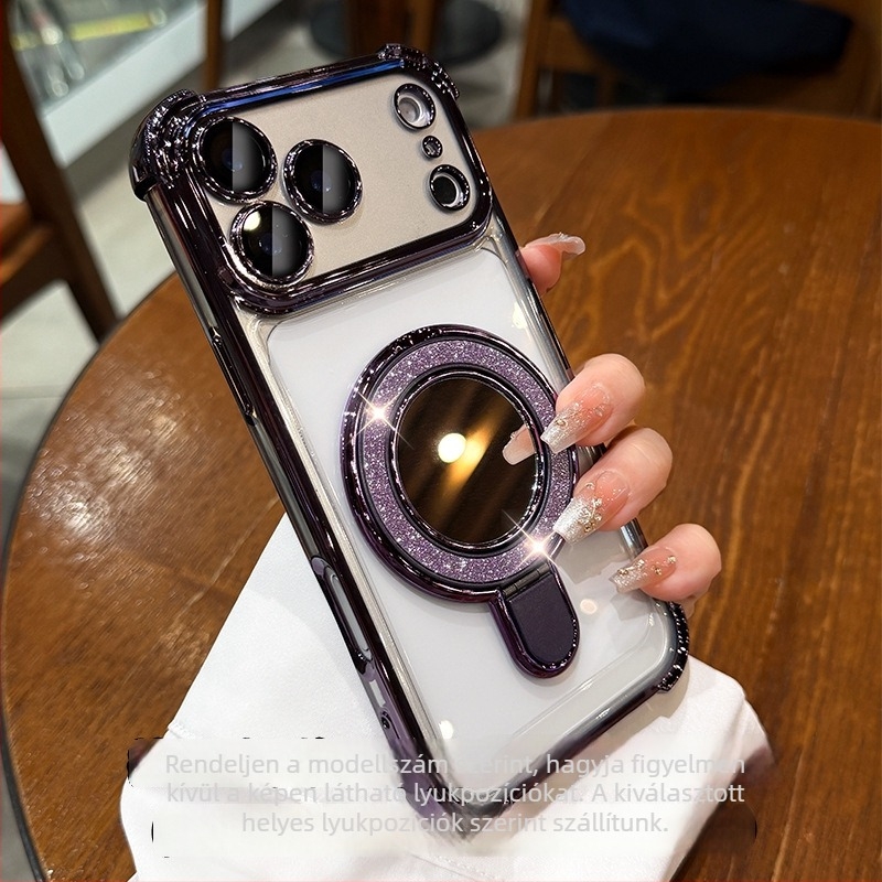 iPhone 17 Pro Max tok elektroplattált átlátszó héjjal, mágneses állvánnyal és négy sarkos ütésvédővel