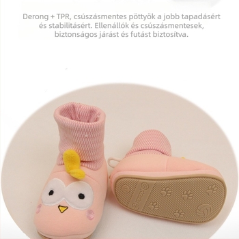 Baba zoknicipő PTR talppal: velúr felső rész, belső talp és bélés pamut velúrból, karikatúra minta, vastagított kivitel