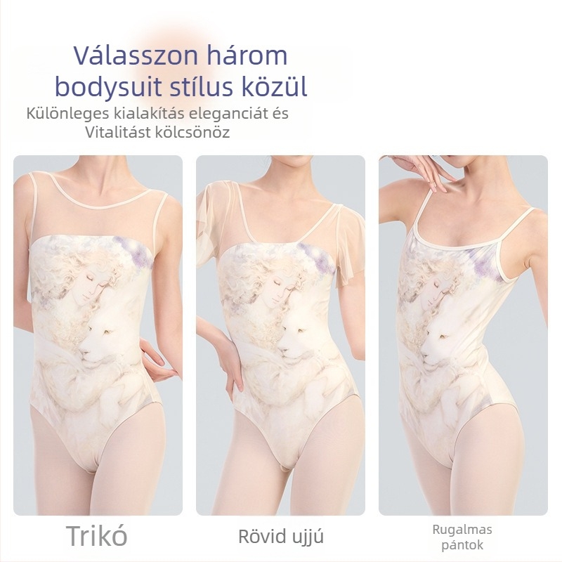 Női felnőtt balett gyakorló bodysuit nyomtatott hálóval, nejlon/poliamid anyag, bélés rayon