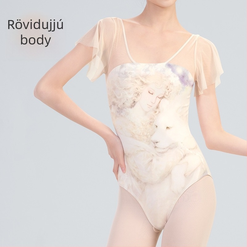 Női felnőtt balett gyakorló bodysuit nyomtatott hálóval, nejlon/poliamid anyag, bélés rayon