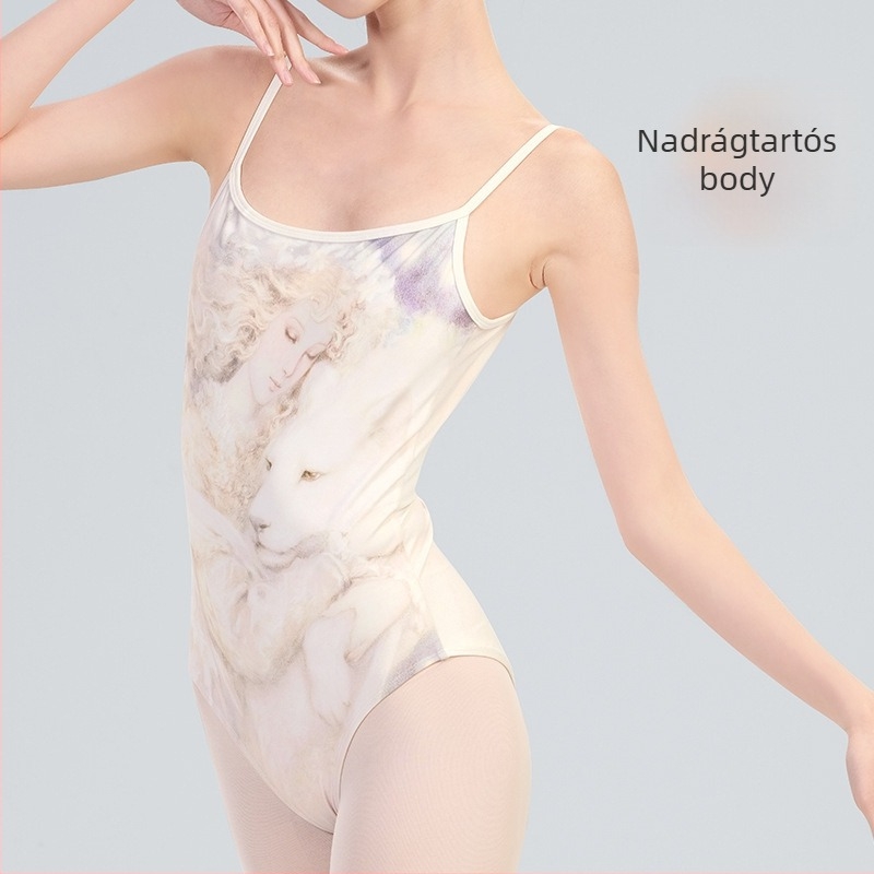 Női felnőtt balett gyakorló bodysuit nyomtatott hálóval, nejlon/poliamid anyag, bélés rayon