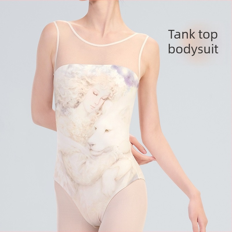 Női felnőtt balett gyakorló bodysuit nyomtatott hálóval, nejlon/poliamid anyag, bélés rayon