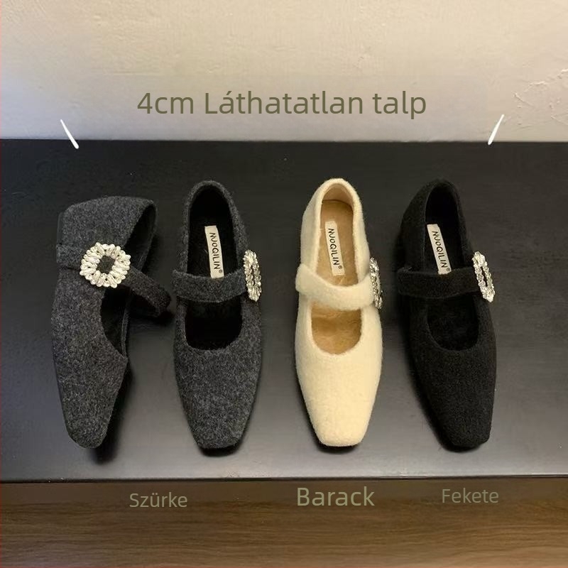 Női Mary Jane cipő, négyzetes orrú, velúr felsőrész, alacsony, vastag sarok, slip-on záródású, gumitalp