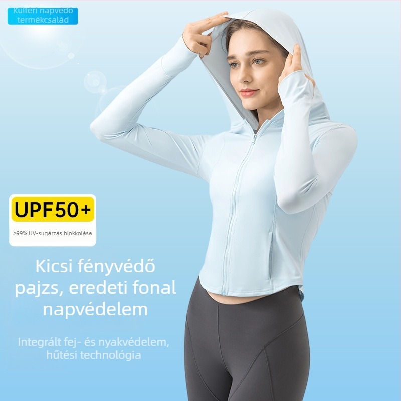 Női nyári széldzseki UPF50+, hűsítő anyag, kapucnival, rövid karcsú szabás