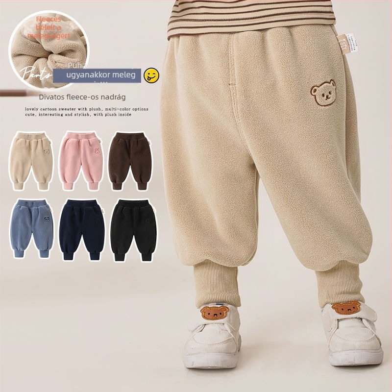 Gyerekeknek készült fleece béléses nadrág, téli, poliészter 95%, 1–3 éveseknek, koreai stílusú casual