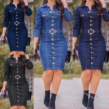 Denim női ruha, galléros, hosszú ujjú, középméretű fazon, városi stílus