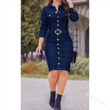Denim női ruha, galléros, hosszú ujjú, középméretű fazon, városi stílus