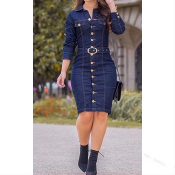 Denim női ruha, galléros, hosszú ujjú, középméretű fazon, városi stílus