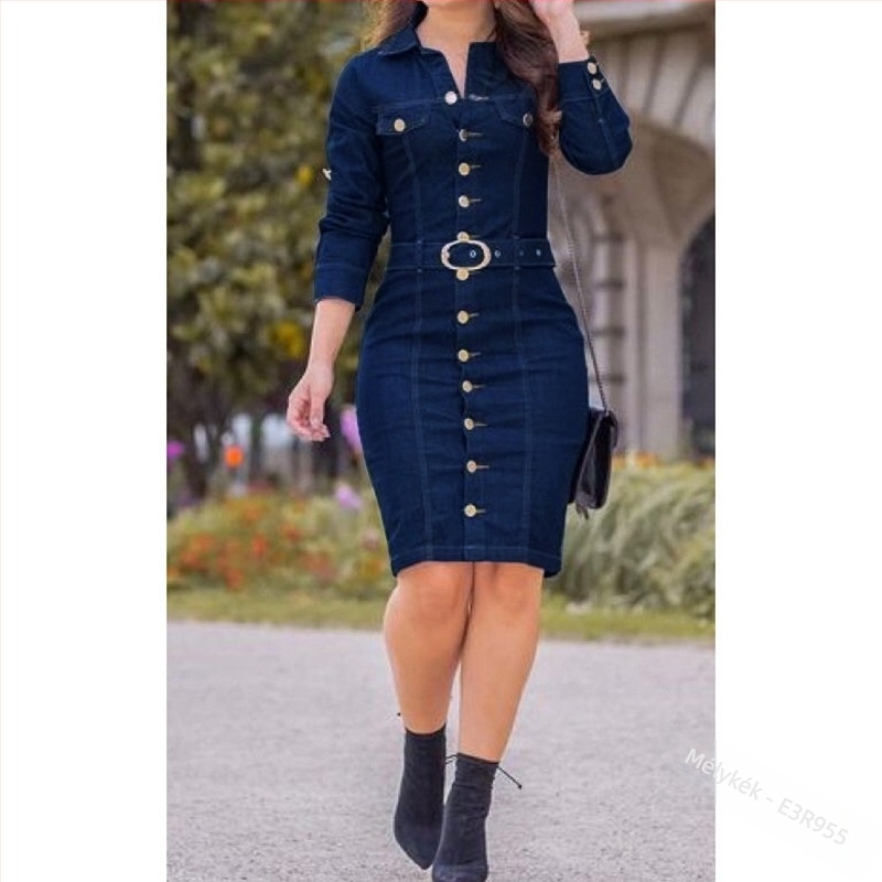 Denim női ruha, galléros, hosszú ujjú, középméretű fazon, városi stílus