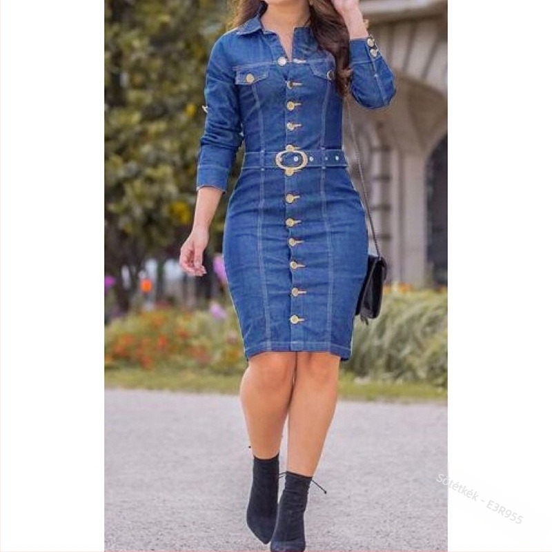 Denim női ruha, galléros, hosszú ujjú, középméretű fazon, városi stílus
