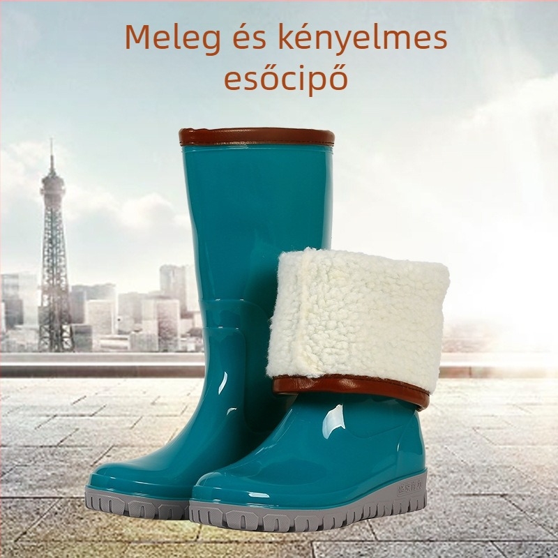 Női esőcsizmák gumiból, magas szárú, velúr bélésű, vízálló, csúszásmentes vastag talppal