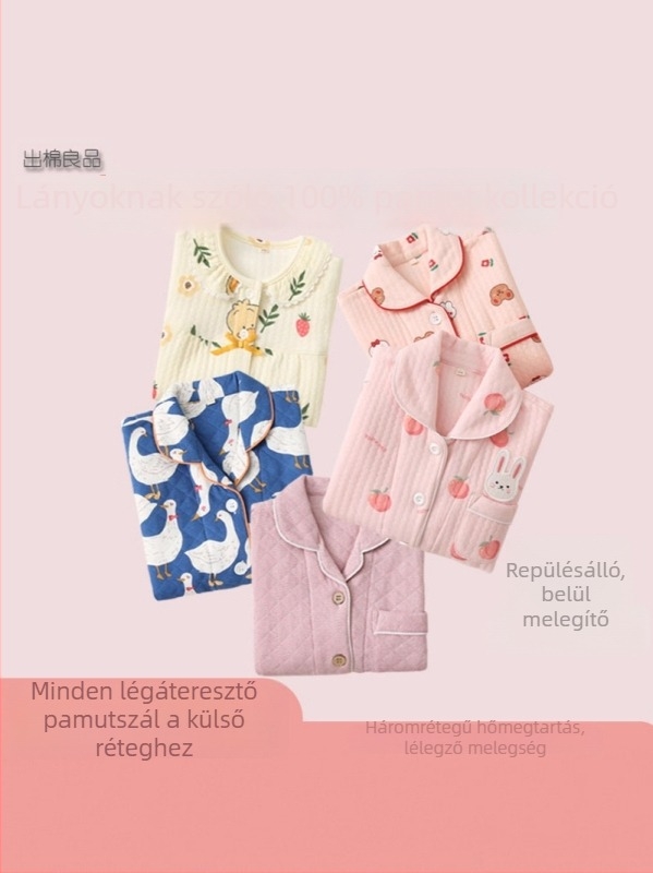 Lányoknak szóló pizsama szett kardigánnal, 100% pamut, lélegző pamut anyag, melegen tart, 3–8 éveseknek