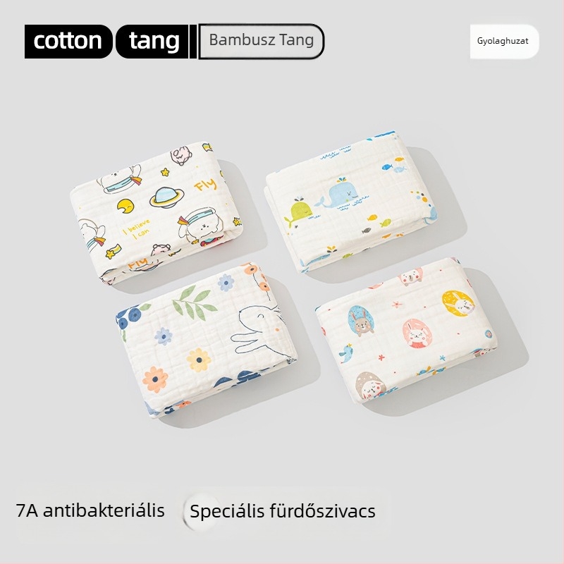 Baba géz fürdőlepedő készlet – 6 réteg, 100% pamut, 300–400 g, rajzfilm minta, Mu Mu Xiong