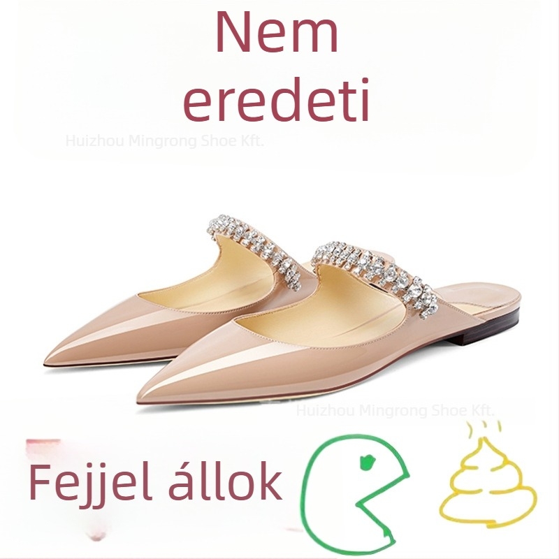 Női kristályos mulesz papucs, felsőrész valódi bőrből, talp gumi, lapos sarok, slip-on, talpvastagság 0–3 cm