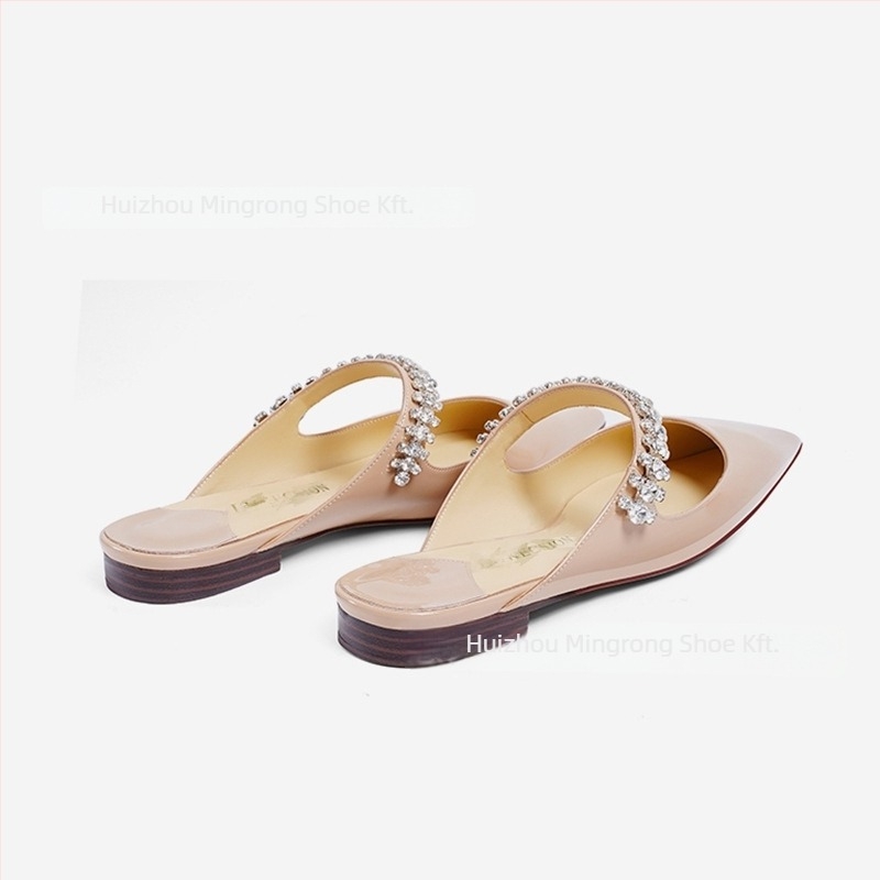 Női kristályos mulesz papucs, felsőrész valódi bőrből, talp gumi, lapos sarok, slip-on, talpvastagság 0–3 cm