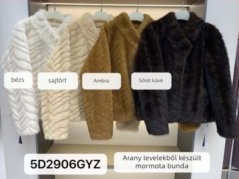 Koreai stílusú prémes kabát herringbone mintával, aranyleveles szőrrel, álló gallérral és hosszú ujjakkal