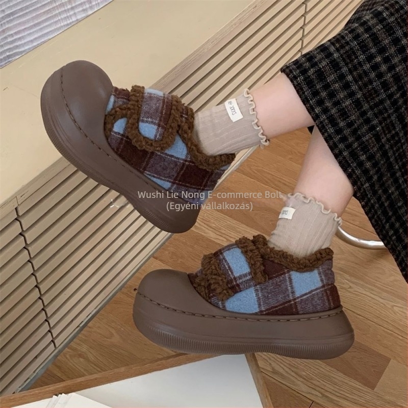Női téli plush loaferek, kockás mintával, Velcro-zárás, EVA talp, csúszásmentes