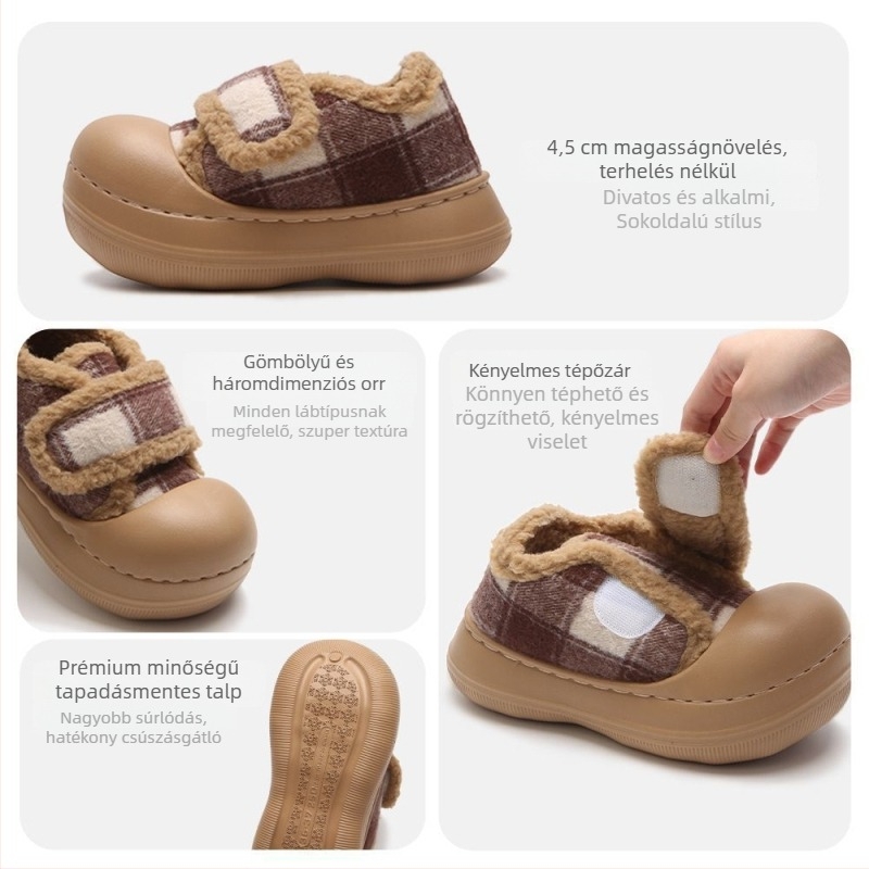 Női téli plush loaferek, kockás mintával, Velcro-zárás, EVA talp, csúszásmentes