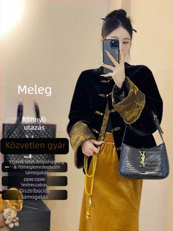 Női műszőrmés kabát középhosszú, kerek nyakú, poliészter, kínai stílus