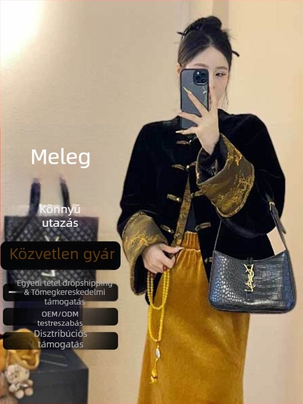 Női műszőrmés kabát középhosszú, kerek nyakú, poliészter, kínai stílus