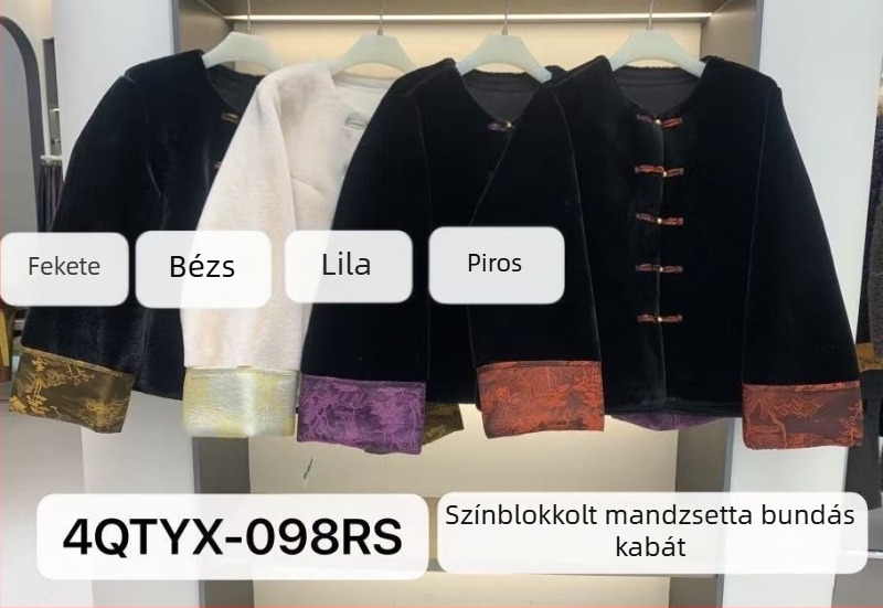 Női műszőrmés kabát középhosszú, kerek nyakú, poliészter, kínai stílus