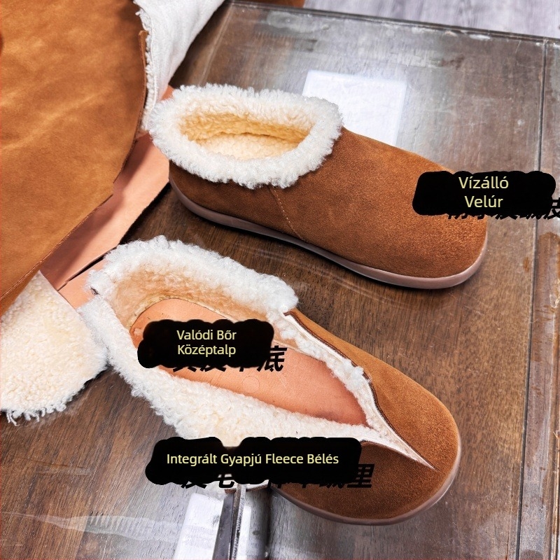 Női valódi bőrből készült vízálló papucs Birkenstock-stílusú vastag talppal, zárt orral, gyapjúval bélelt, téli viselet