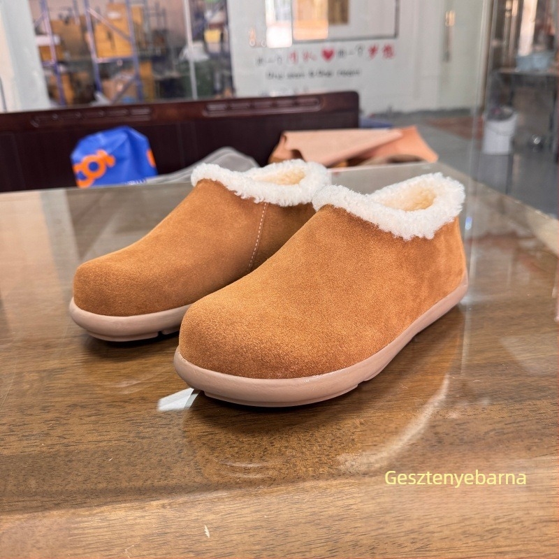 Női valódi bőrből készült vízálló papucs Birkenstock-stílusú vastag talppal, zárt orral, gyapjúval bélelt, téli viselet