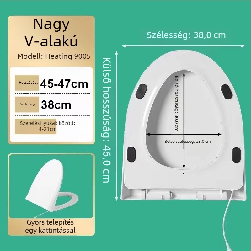 Intelligens fűtésű WC-ülőke azonnali fűtéssel és ülőgyűrű-fűtéssel, PP lemez, lyukak közötti távolság 14, könnyen telepíthető, univerzális kialakítás.