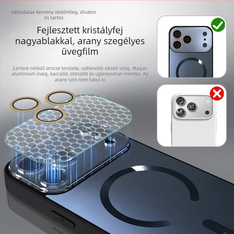 Mágneses iPhone tok, nagy ablakos lencséhez, TPU anyag, domborított hátsó felülettel dupla textúrával, támogatja a vezeték nélküli mágneses töltést