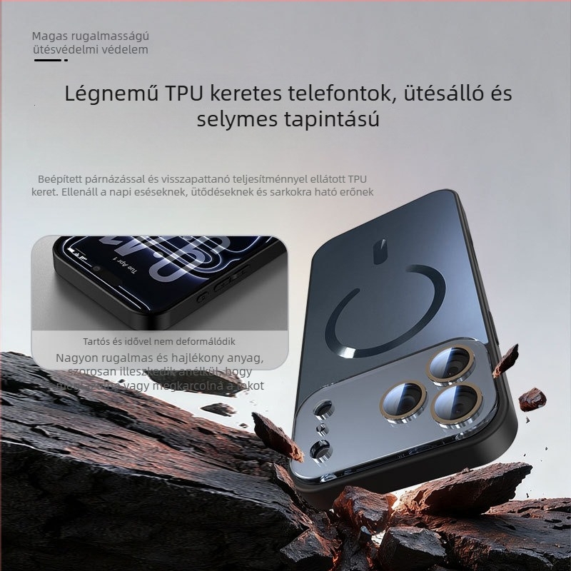 Mágneses iPhone tok, nagy ablakos lencséhez, TPU anyag, domborított hátsó felülettel dupla textúrával, támogatja a vezeték nélküli mágneses töltést
