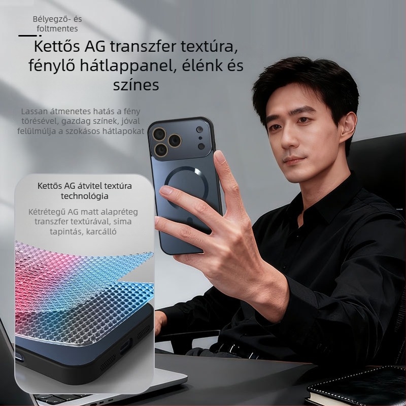 Mágneses iPhone tok, nagy ablakos lencséhez, TPU anyag, domborított hátsó felülettel dupla textúrával, támogatja a vezeték nélküli mágneses töltést