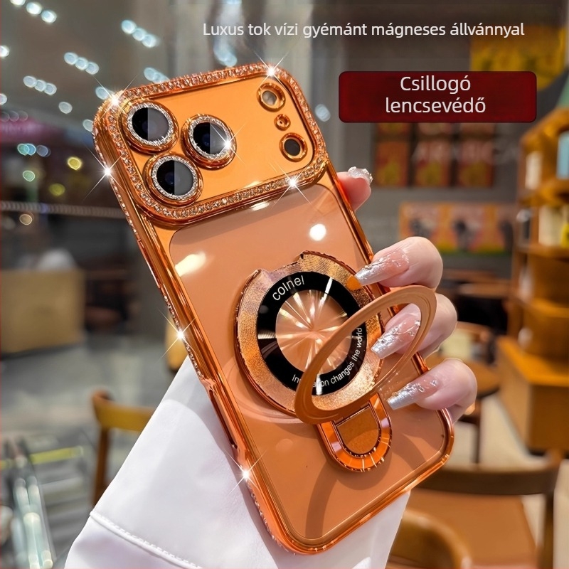 Mágneses tartóval ellátott iPhone tok rhinestones díszítéssel, elektroplatált bevonattal és kamera lencse védőfóliával, kompatibilis iPhone 11-17